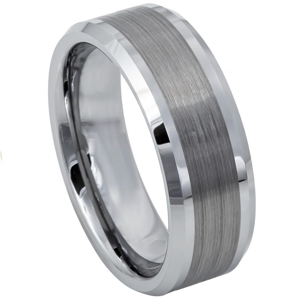 8mm Tungsten Ring – Brushed Center with Shiny Grooves & Beveled Edge