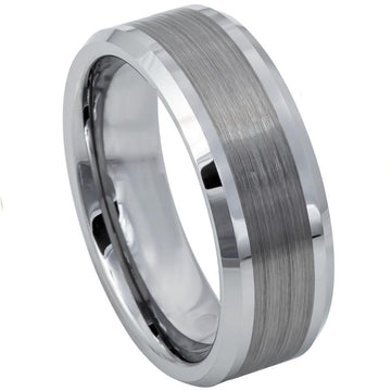 8mm Tungsten Ring – Brushed Center with Shiny Grooves & Beveled Edge