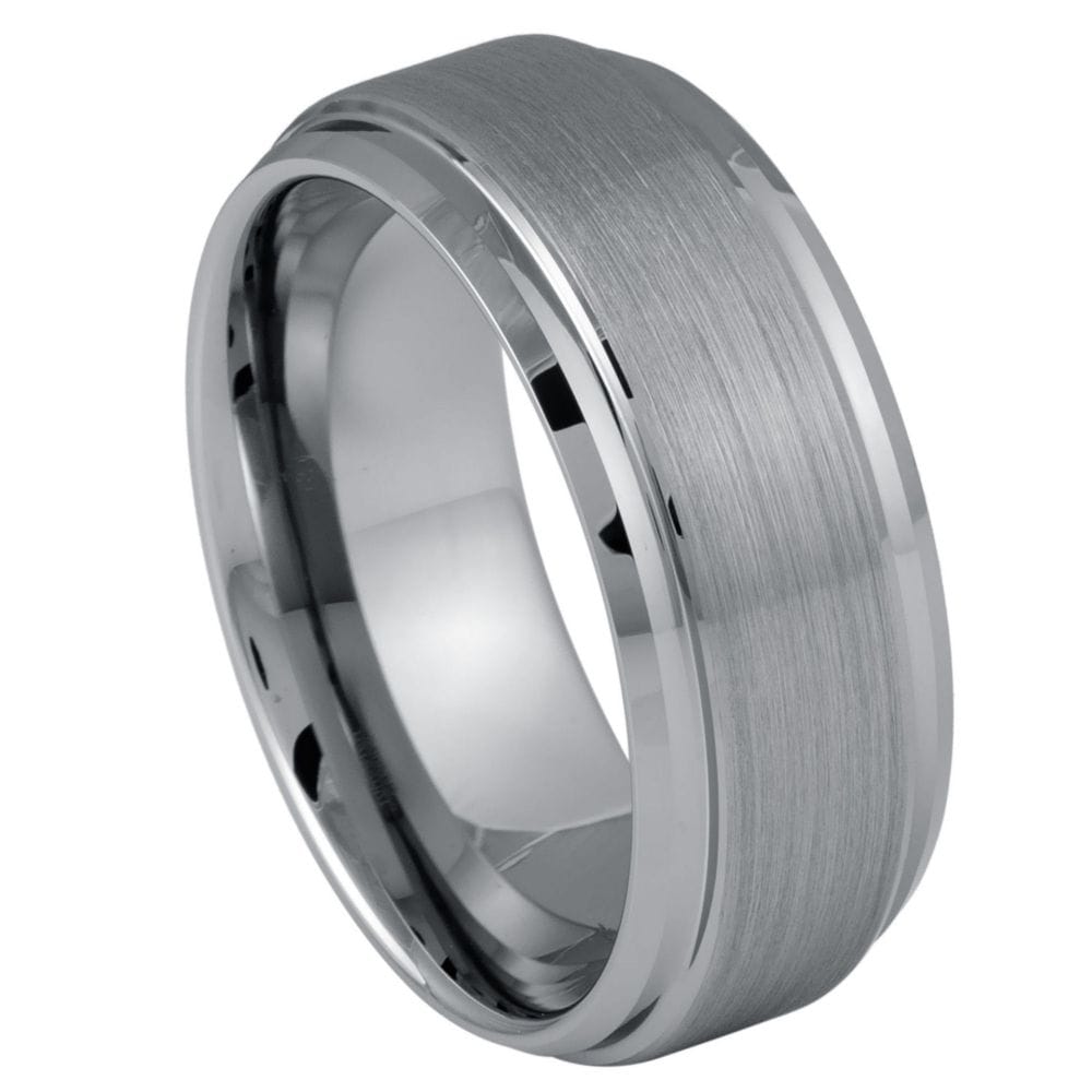 9mm Brushed Center Tungsten Ring with Stepped Edge Design