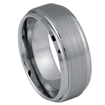 9mm Brushed Center Tungsten Ring with Stepped Edge Design