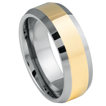 8mm Gold Plated Tungsten Ring with Polished Center & Beveled Edges