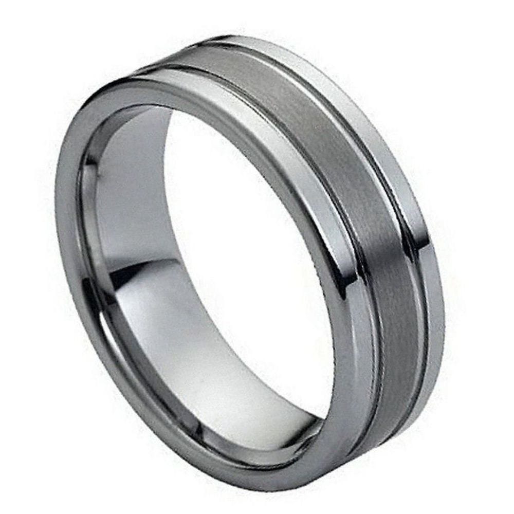 Men's 8mm Tungsten Ring - Polished Edges with Double Grooved Brushed Center