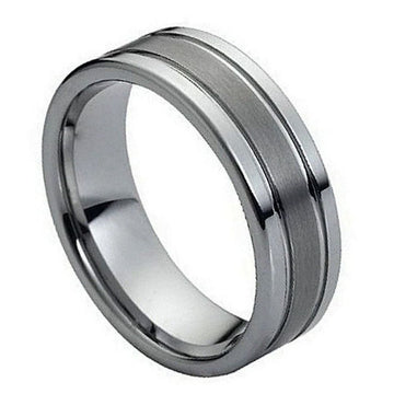 Men's 8mm Tungsten Ring - Polished Edges with Double Grooved Brushed Center