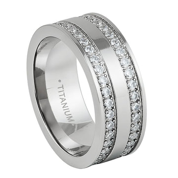 Titanium Double Full Eternity Ring – White CZ, 9mm Wide Band
