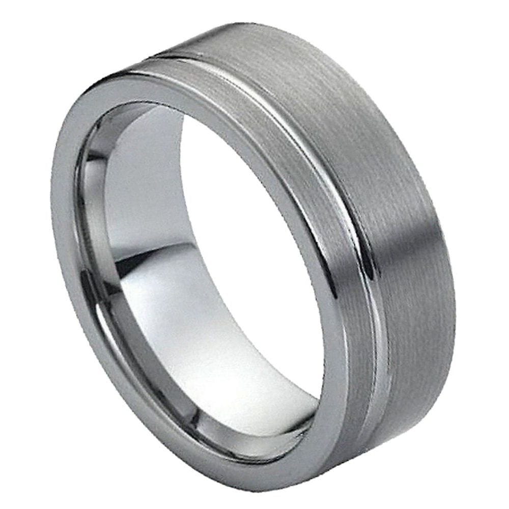 8mm Tungsten Ring - Pipe-Cut Brushed Finish with Polished Off-Center Groove