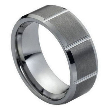 8mm Tungsten Ring – Multiple Vertical Grooves with Brushed Center & Beveled Edge