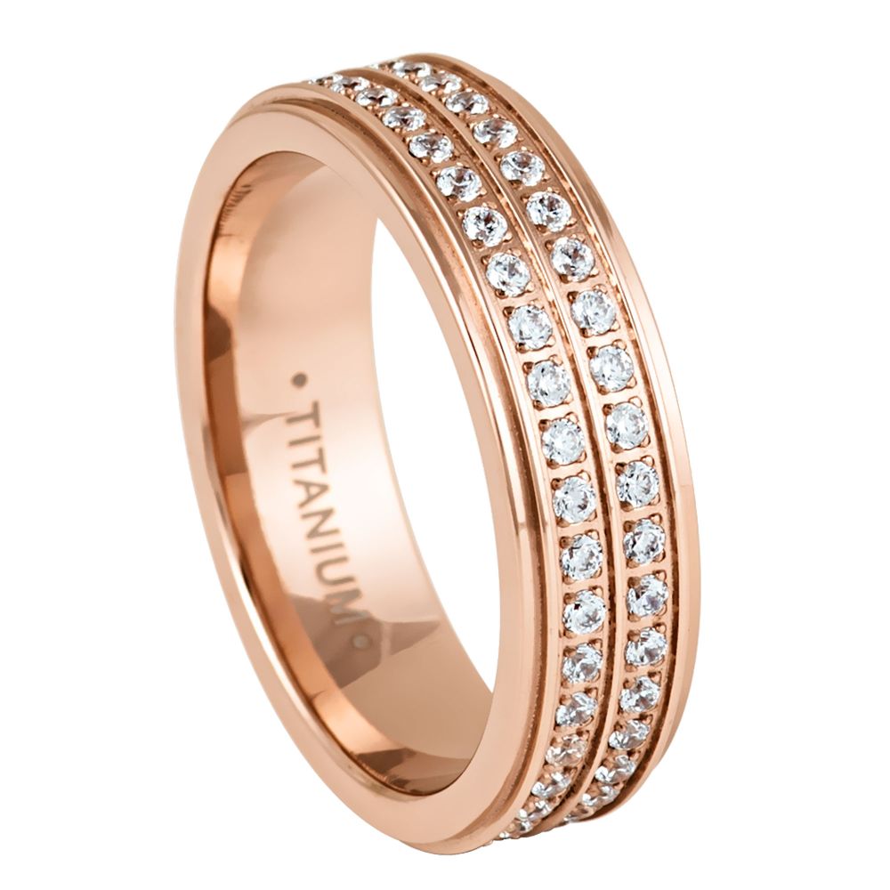 6mm Rose Gold Titanium Double Full Eternity Ring with White Cubic Zirconia