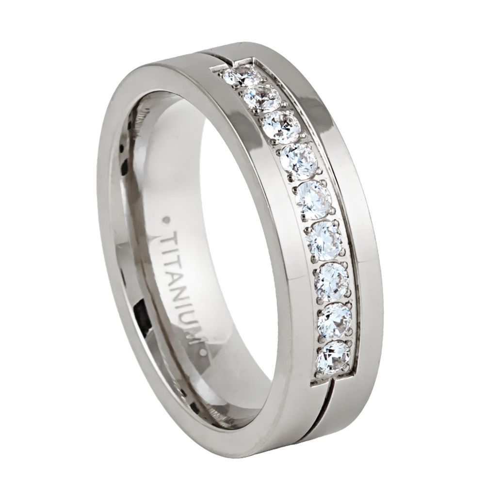 6mm Titanium Band with 9 White Cubic Zirconia Stones