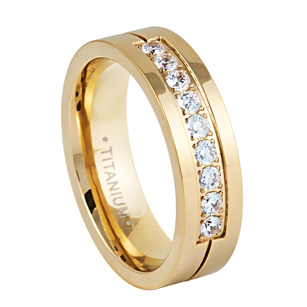 6mm Titanium Yellow Gold IP Plated Ring with 9 White CZ Stones