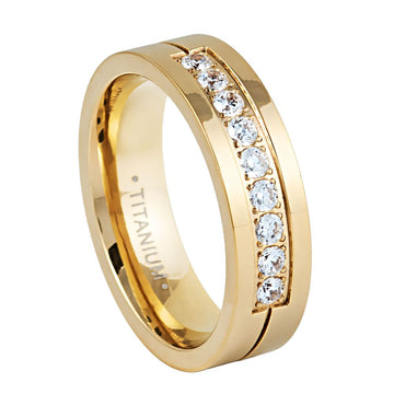 6mm Titanium Yellow Gold IP Plated Ring with 9 White CZ Stones