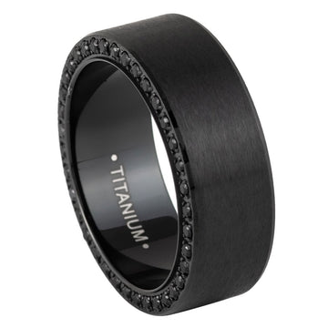 8mm Black Titanium Ring with Black CZ Side Stones - IP Plated