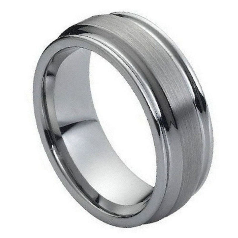 Men's 8mm Tungsten Ring - Flat Brushed Center with High Polish Ridged Edges