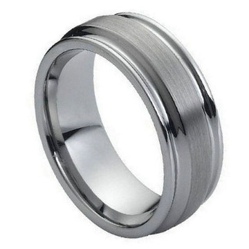 Men's 8mm Tungsten Ring - Flat Brushed Center with High Polish Ridged Edges