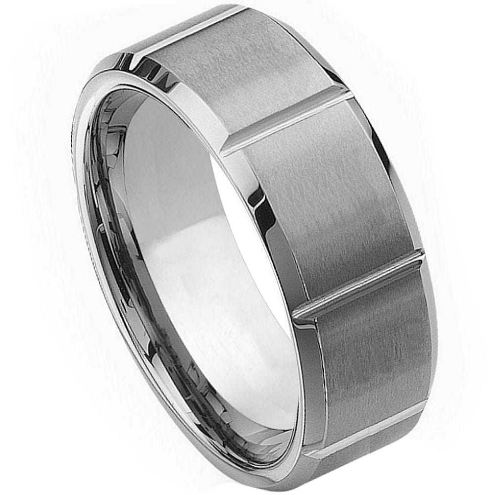 9mm Men's Tungsten Ring - Vertical Groove Design with Brushed Center