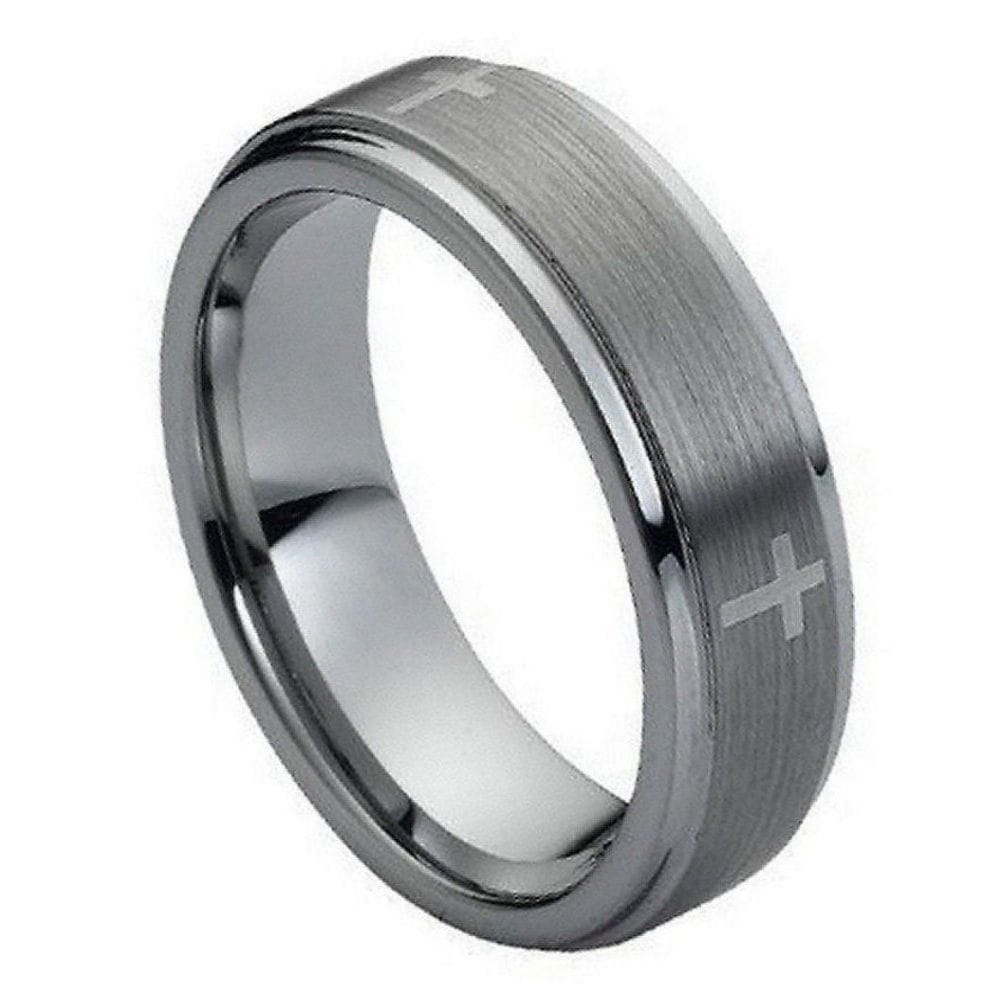 Men's 7mm Tungsten Ring - Flat Brushed Center with Laser Engraved Crosses