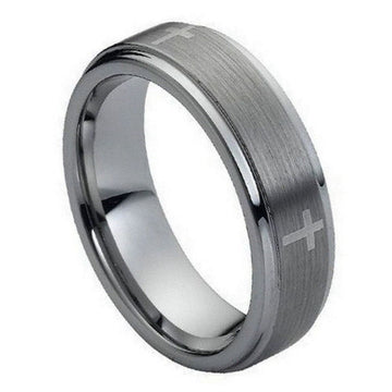 Men's 7mm Tungsten Ring - Flat Brushed Center with Laser Engraved Crosses