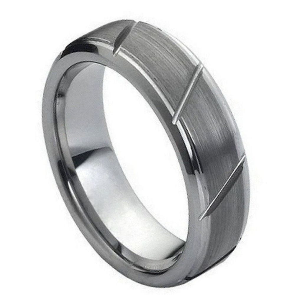 7mm Tungsten Men's Ring with Diagonal Grooves, Brushed Center & Beveled Edges