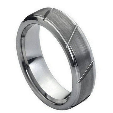 7mm Tungsten Men's Ring with Diagonal Grooves, Brushed Center & Beveled Edges