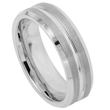 7mm Tungsten Wedding Band with Shiny Grooved Center and Brushed Sides