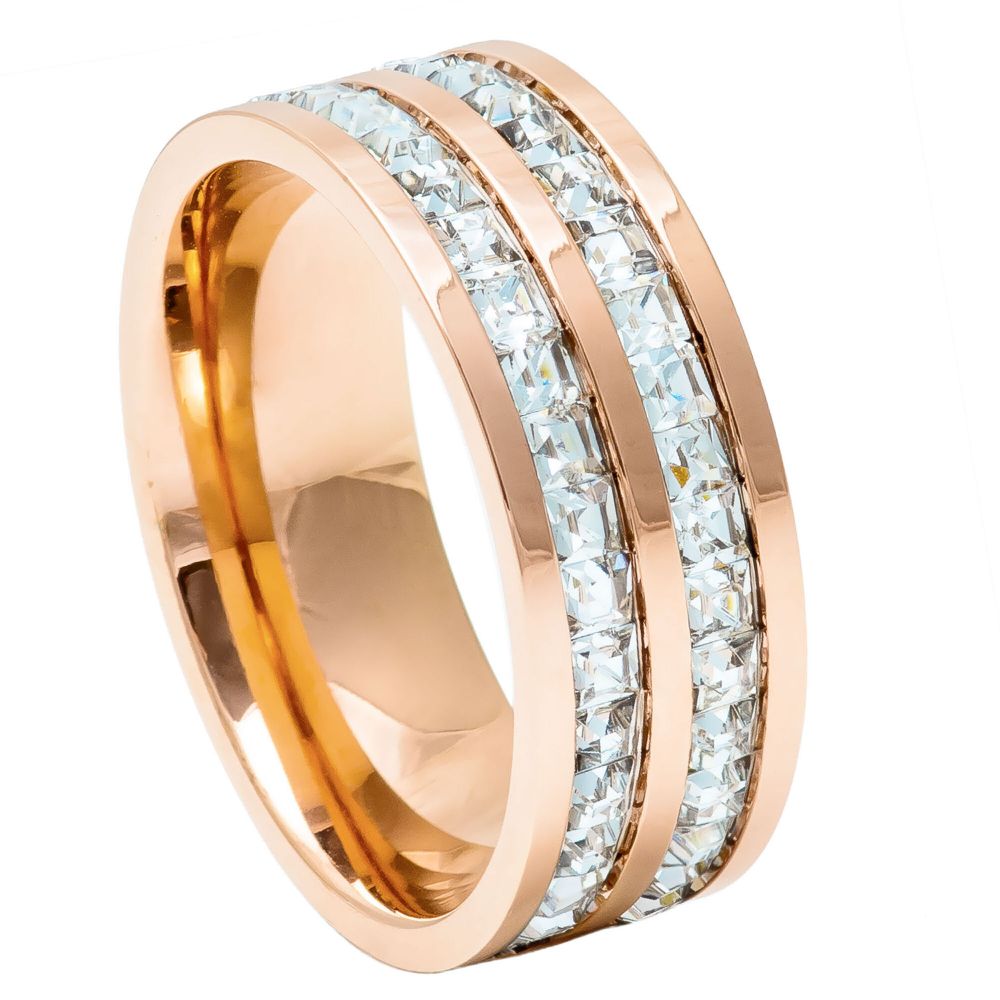 8mm Rose Gold Titanium Double Row Princess Cut CZ Eternity Ring