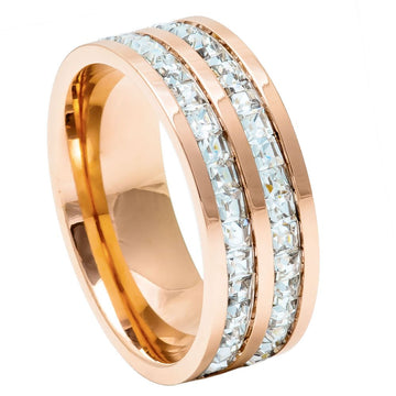 8mm Rose Gold Titanium Double Row Princess Cut CZ Eternity Ring