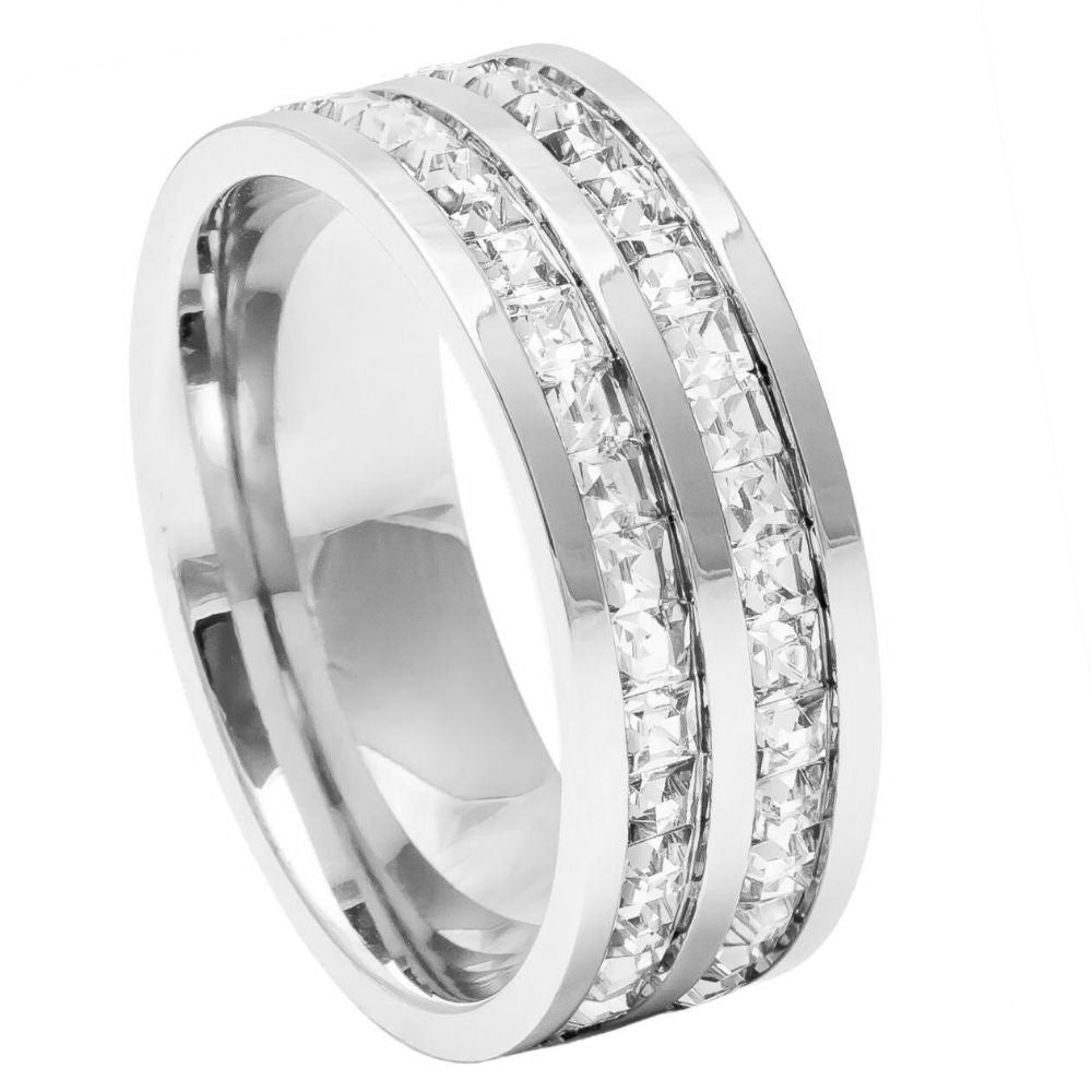 8mm Unplated Titanium Double Row Princess Cut CZ Eternity Ring
