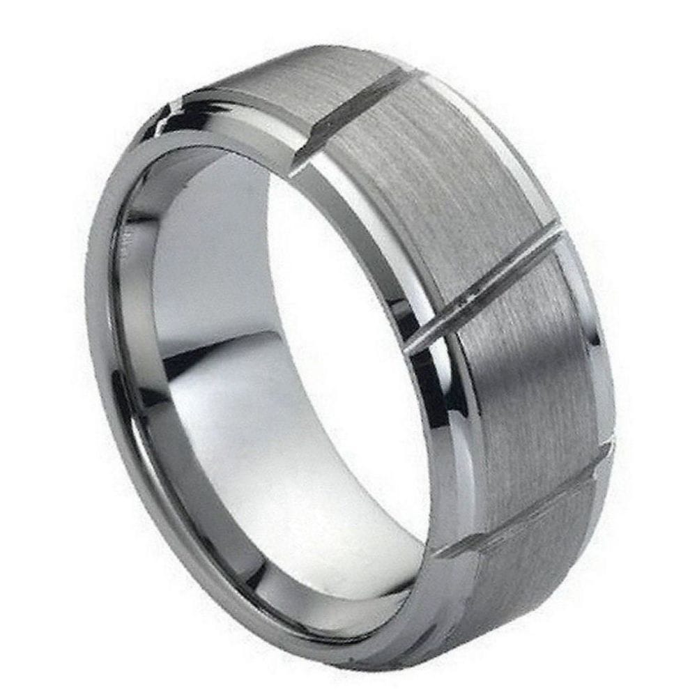 9mm Tungsten Ring with Diagonal Grooves & Brushed Center