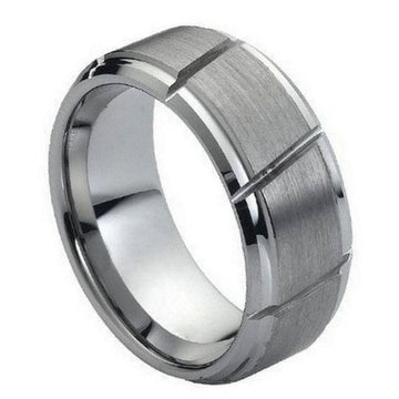 9mm Tungsten Ring with Diagonal Grooves & Brushed Center