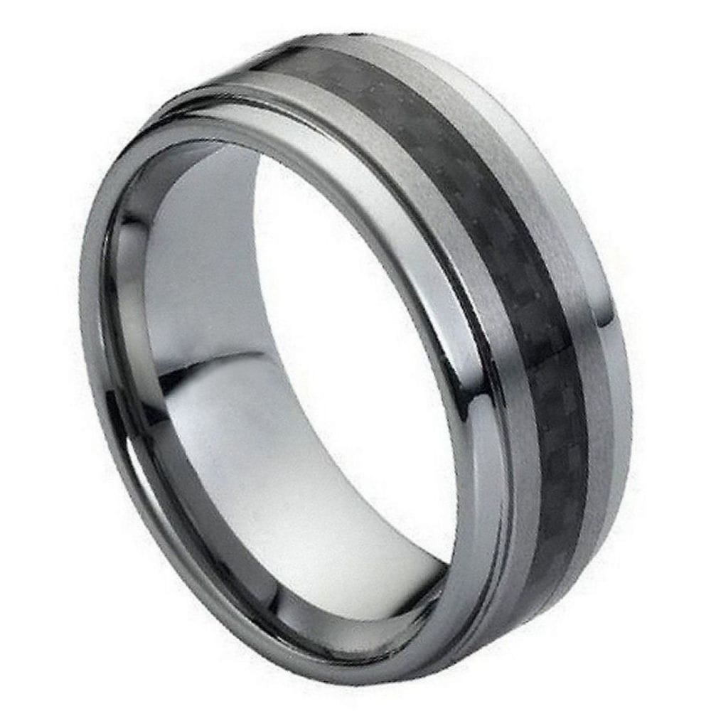 Men's 9mm Tungsten Carbide Ring - Black Carbon Fiber Inlay & Brushed Center
