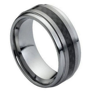 Men's 9mm Tungsten Carbide Ring - Black Carbon Fiber Inlay & Brushed Center