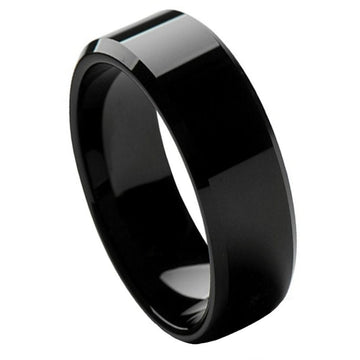 8mm Black Tungsten Wedding Band - High Polished Beveled Edge Ring