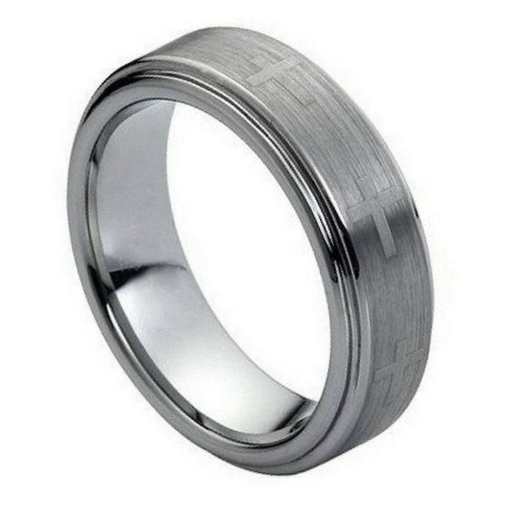 Men's 7mm Tungsten Ring with Laser Engraved Crosses & Brushed Center