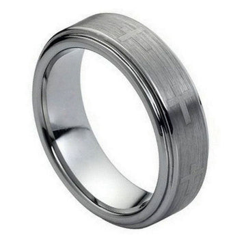 Men's 7mm Tungsten Ring with Laser Engraved Crosses & Brushed Center