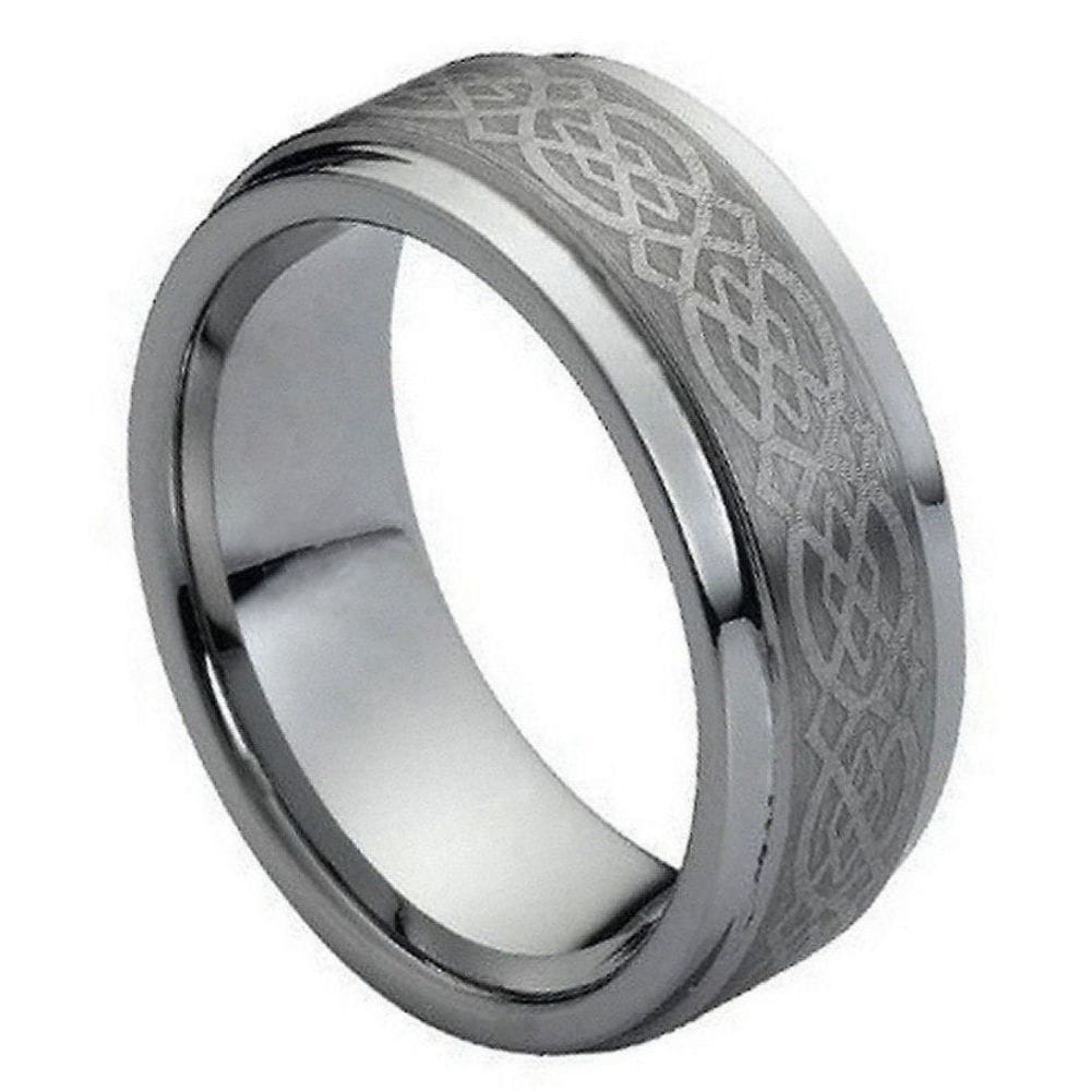 9mm Tungsten Ring with Brushed Center and Laser Engraved Celtic Pattern