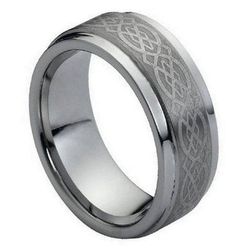 9mm Tungsten Ring with Brushed Center and Laser Engraved Celtic Pattern