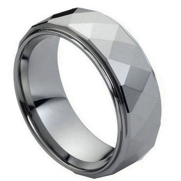 Men's 8mm Tungsten Domed Ring with Faceted Stepped Edge