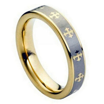 5mm Yellow Gold Tone IP Plated Tungsten Ring with Laser Engraved Crosses