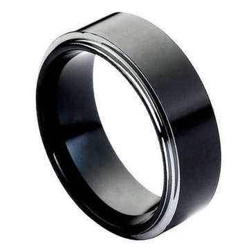 8mm Black IP Plated Tungsten Ring with High Polished Stepped Edge