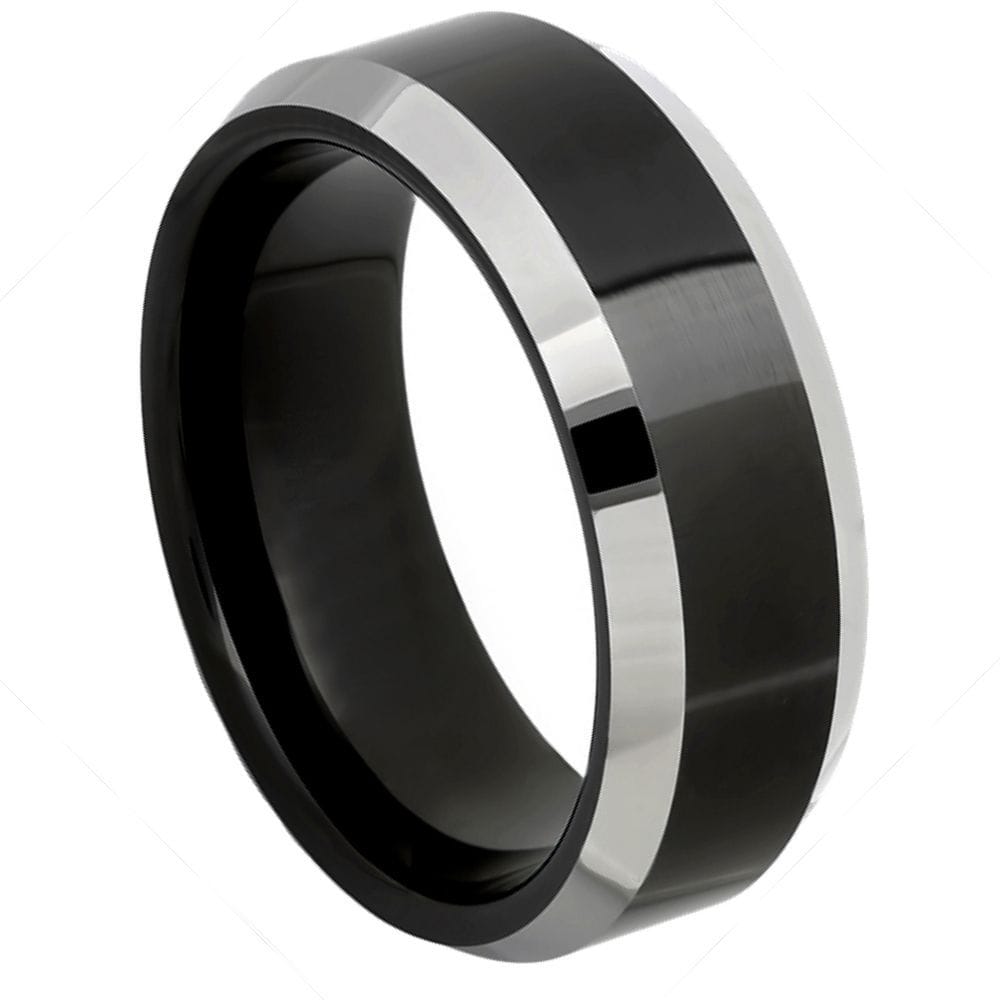8mm Black IP Plated Tungsten Ring with High Polished Steel Color Beveled Edge