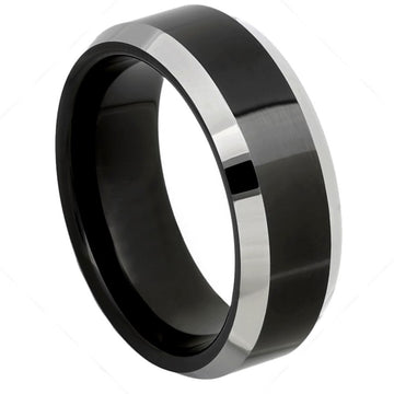 8mm Black IP Plated Tungsten Ring with High Polished Steel Color Beveled Edge