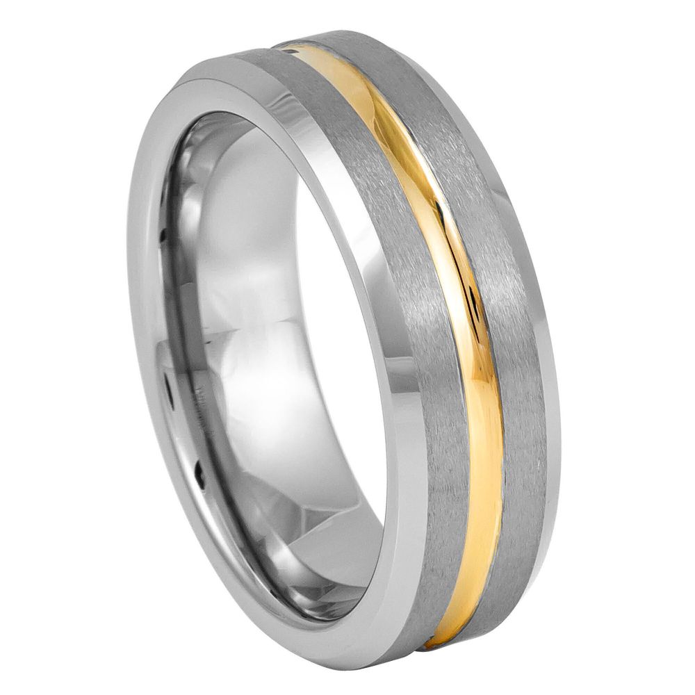 7mm Yellow Gold Tone IP Plated Tungsten Center Grooved Ring