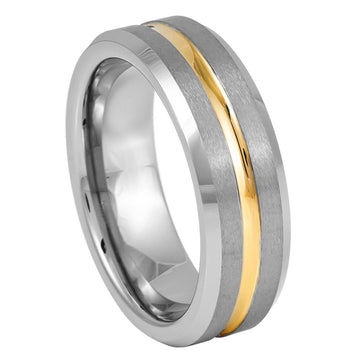 7mm Yellow Gold Tone IP Plated Tungsten Center Grooved Ring