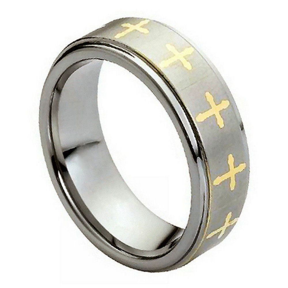 8mm Yellow Gold Tone IP Plated Tungsten Ring with Laser Engraved Crosses