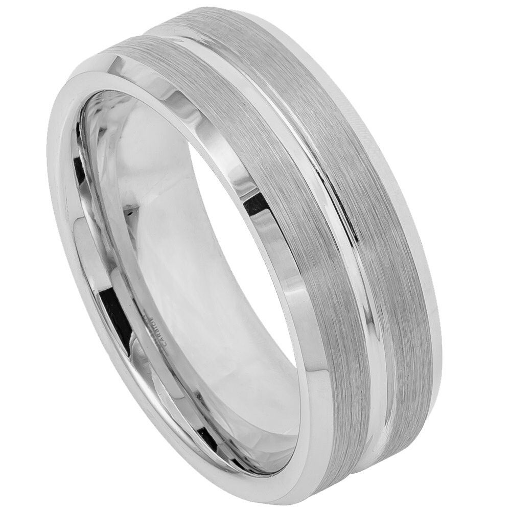 9mm Tungsten Ring with Brushed Center, Grooved Detail & Beveled Polished Edges