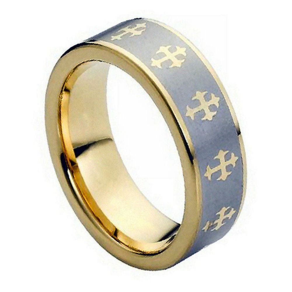 8mm Yellow Gold Tone IP Plated Tungsten Ring with Laser Engraved Crosses