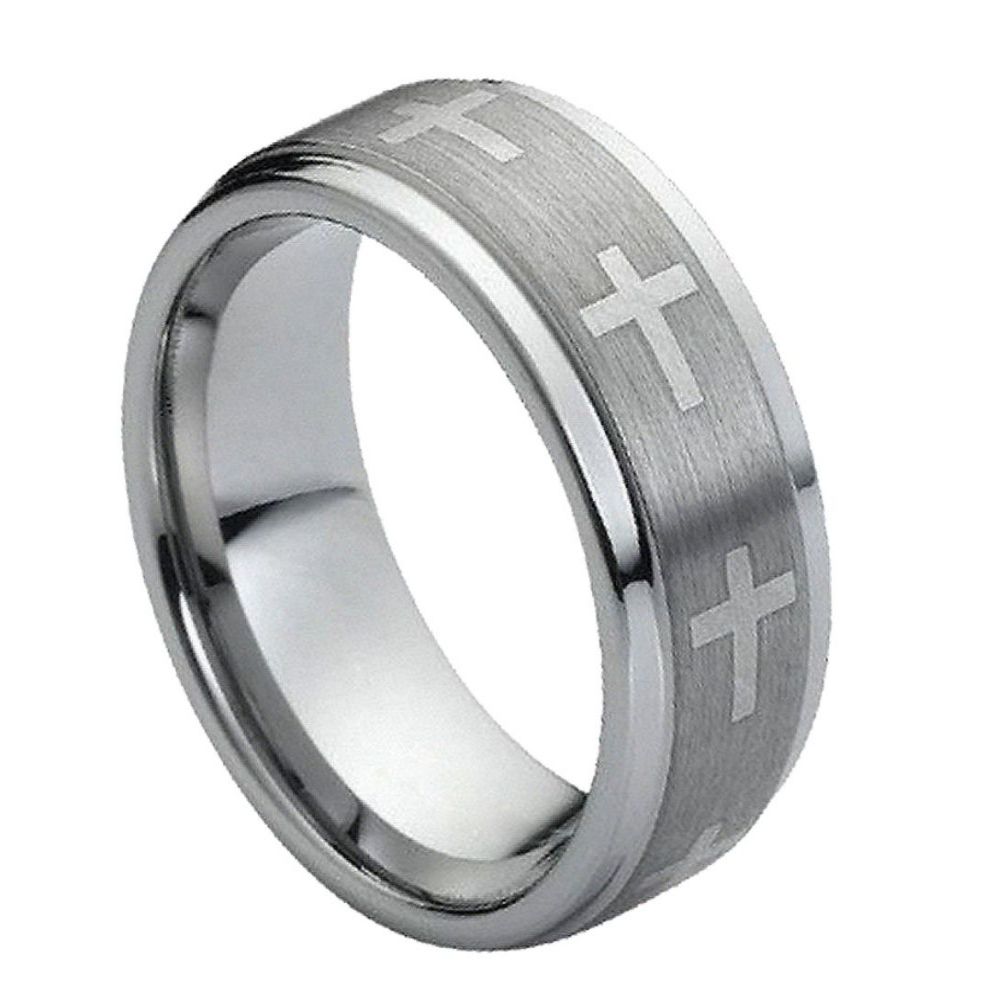 9mm Tungsten Flat Ring with Laser Engraved Crosses and Brushed Center
