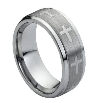 9mm Tungsten Flat Ring with Laser Engraved Crosses and Brushed Center