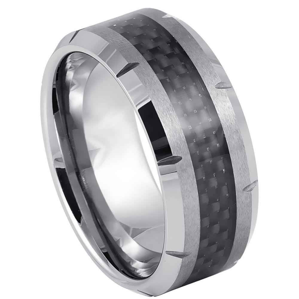 10mm Tungsten Ring with Black Carbon Fiber Inlay and Grooved Edge