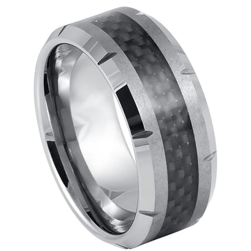 10mm Tungsten Ring with Black Carbon Fiber Inlay and Grooved Edge