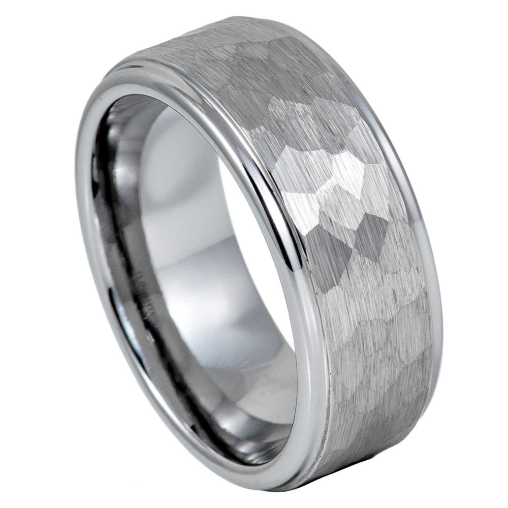 9mm Tungsten Ring with Stepped Down Edge and Hammered Center